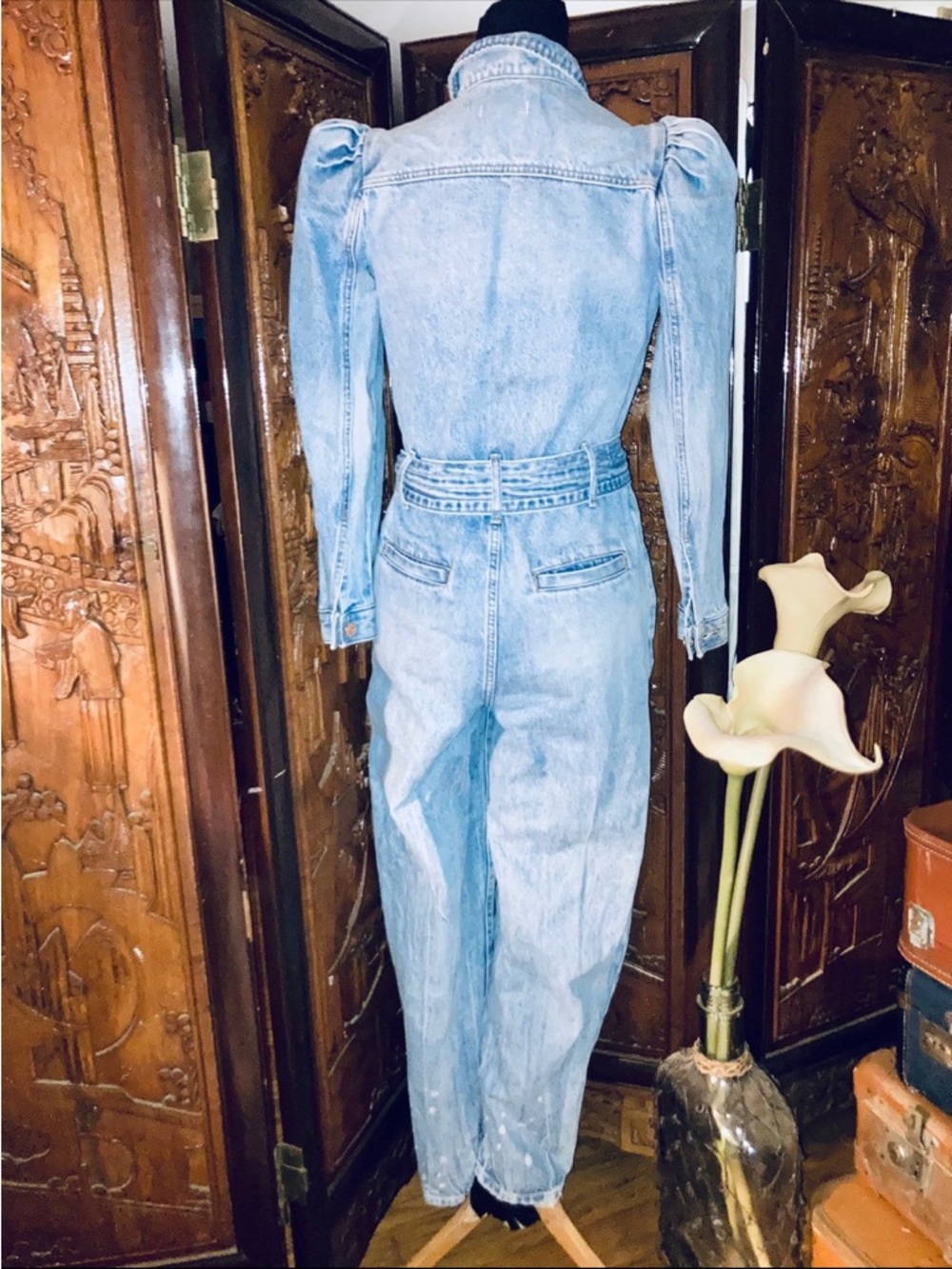 EXPRESS Y2K Retro Medium Wash Denim Jumpsuit with Tie Belt - Picture 6 of 11